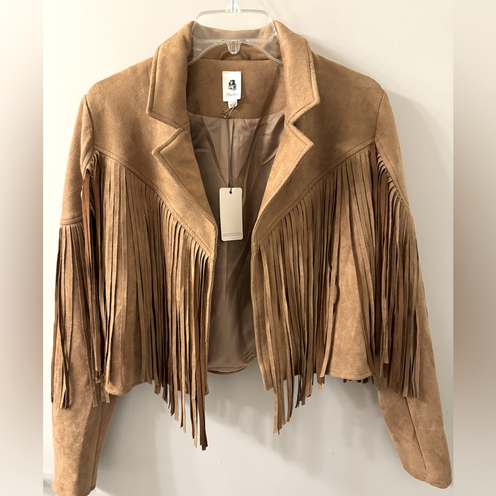 NWT Flawless Brand Brown Suede Fringe Jacket. Size Small.